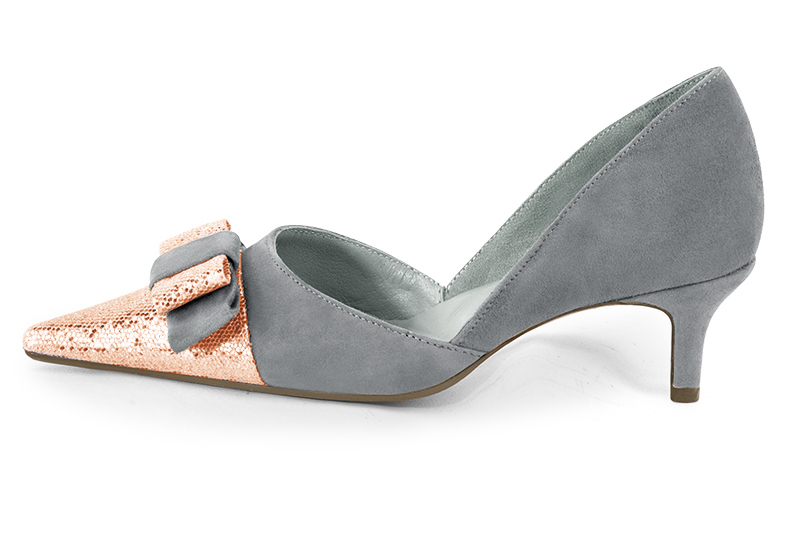 Powder pink and dove grey women's open arch dress pumps. Pointed toe. Medium slim heel. Profile view - Florence KOOIJMAN